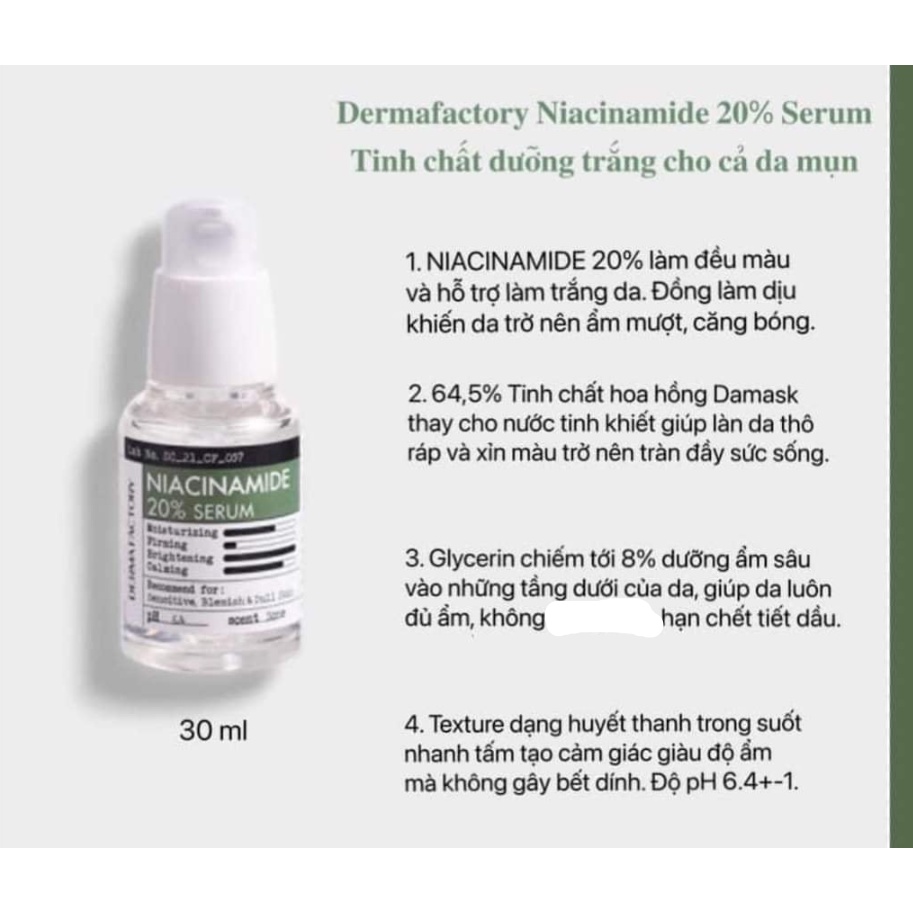 [Hàng trả order, không có dư] Serum Se Khít Lỗ Chân Lông Niacinamide 20% Derma Factory 30ml