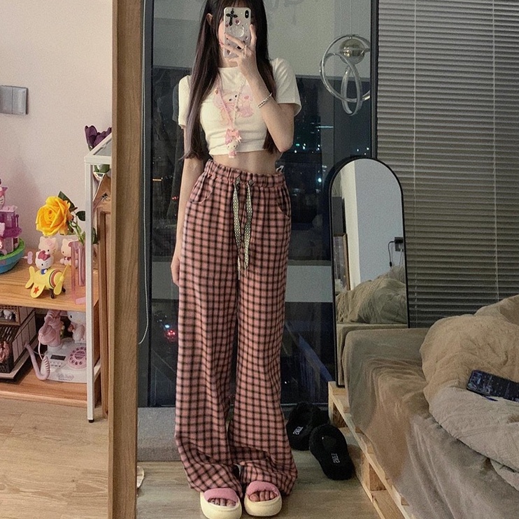 【ZHELIHANGFEI】Quần Dài Lưng Cao Ống Rộng Họa Tiết Sọc Caro Phong Cách Mỹ