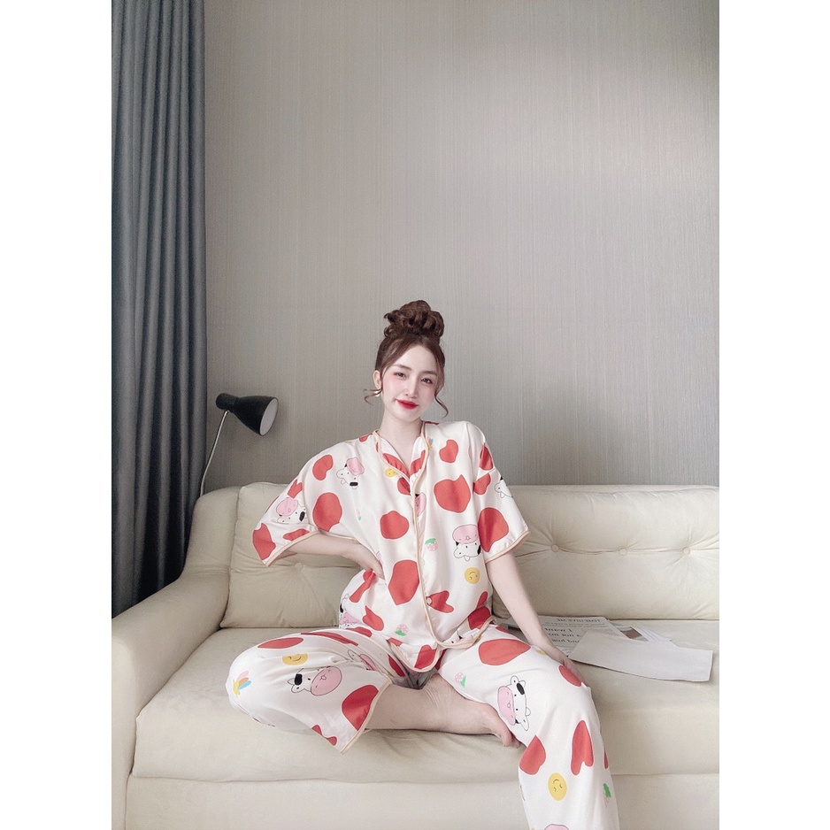 Bộ Ngủ MặC Nhà, Đồ Pijama Ngắn Tay Quần Dài Lượn Sóng Họa Tiết Bò Sữa Chất Lụa Mango Mềm Mịn, Form Dáng Rộng Rãi T | BigBuy360 - bigbuy360.vn