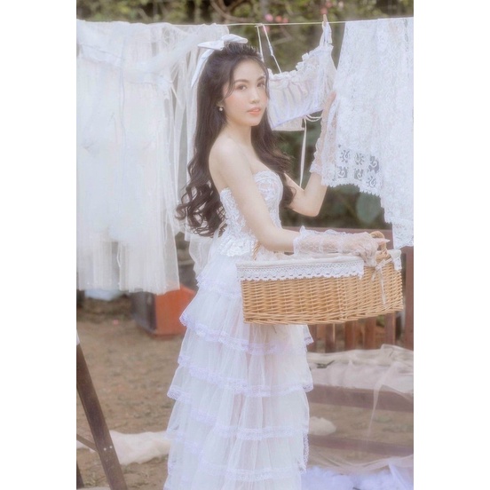 VIDEO THẬT🤍 Set công chúa: áo ren ống đan dây + chân váy maxi tầng xoè bồng  chuẩn hình