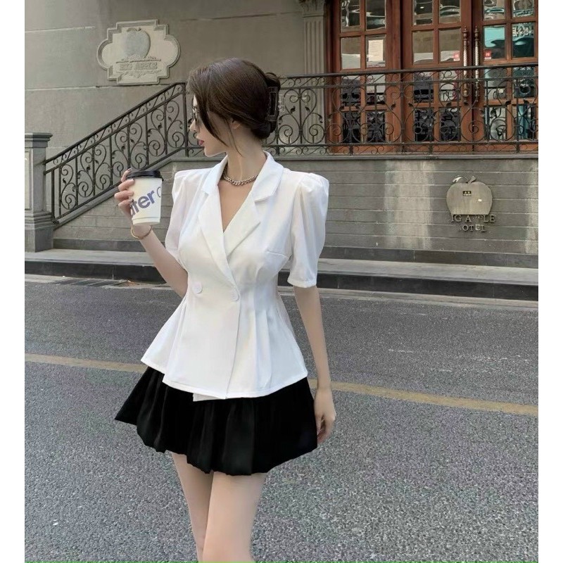 💚 Set áo vest nút + chân váy xoè tầng ❤️❤️❤️❤️ 2 màu trắng đen sang trọng Freesize Set Công Sở Đi Tiệc [Rẻ Vô Địch]