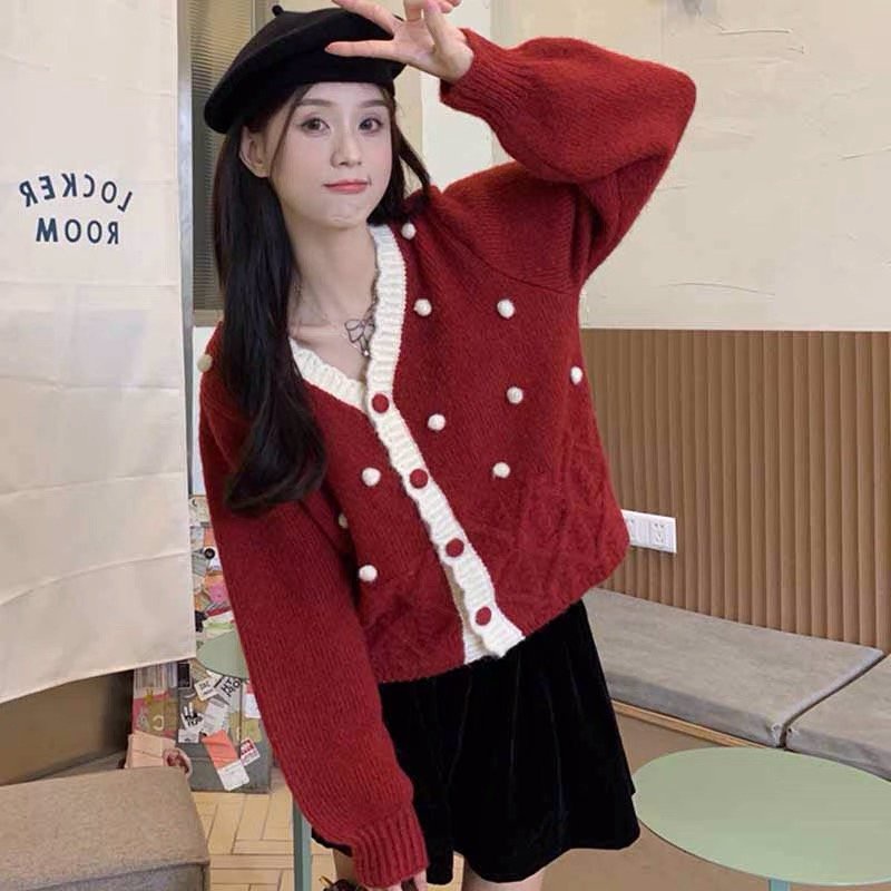 Áo Cardigan Len Lông Thỏ Nữ Đỏ Và Trắng Họa Tiết Chấm Bi Thời Trang