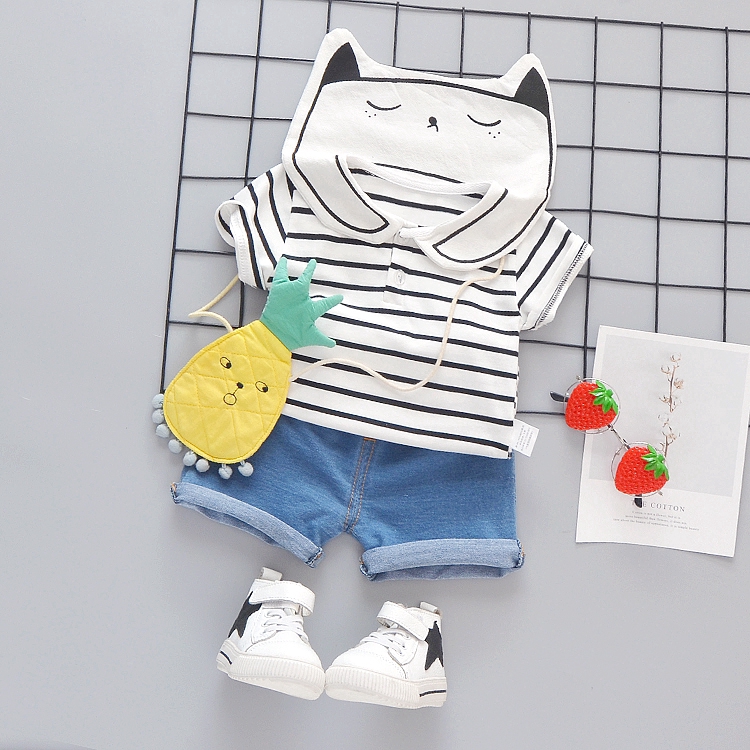 [Girls' clothing] 0-5 years old summer new girls striped cotton T-shirt + fashionable two-piece denim shorts
