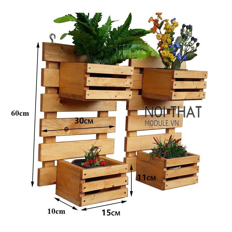 Combo kệ nan kèm chậu đựng cây trang trí ban công, decor cây cảnh chung cư gỗ thông tự nhiên.