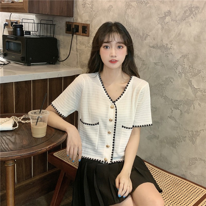 Xiaozhainv Áo cardigan dệt kim tay ngắn cổ chữ V phong cách cổ điển Hàn Quốc nữ tính | BigBuy360 - bigbuy360.vn