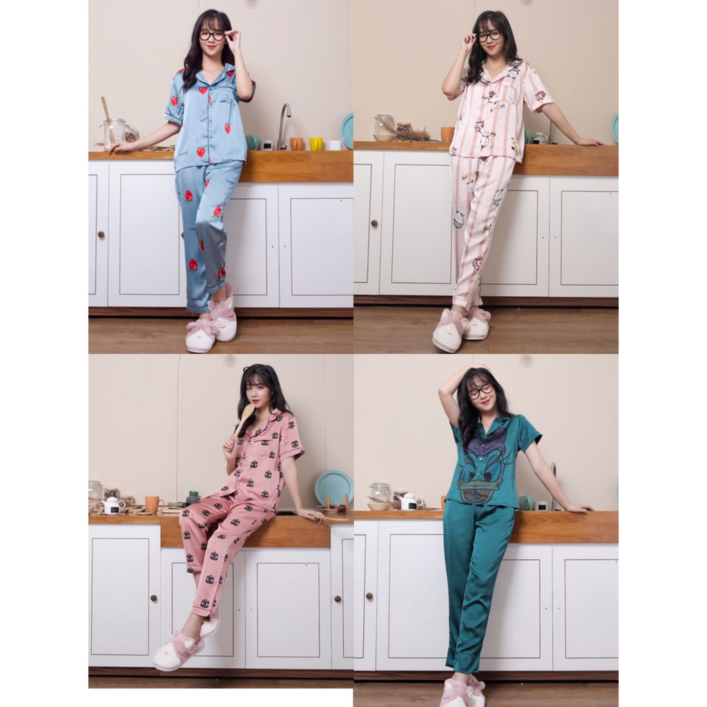 Bộ ngủ pijama lụa satin hình dâu tay ngắn quần dài