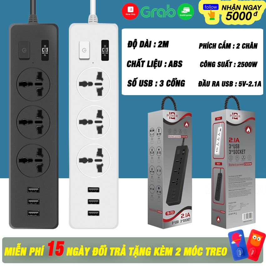 Ổ Cắm Điện Đa Năng HAPPYHOUSE84 – Chất Liệu Chống Cháy - 3 Cổng USB Xạc Nhanh 5V-2.1A - Công Suất 2500W - Dây Dài 2M