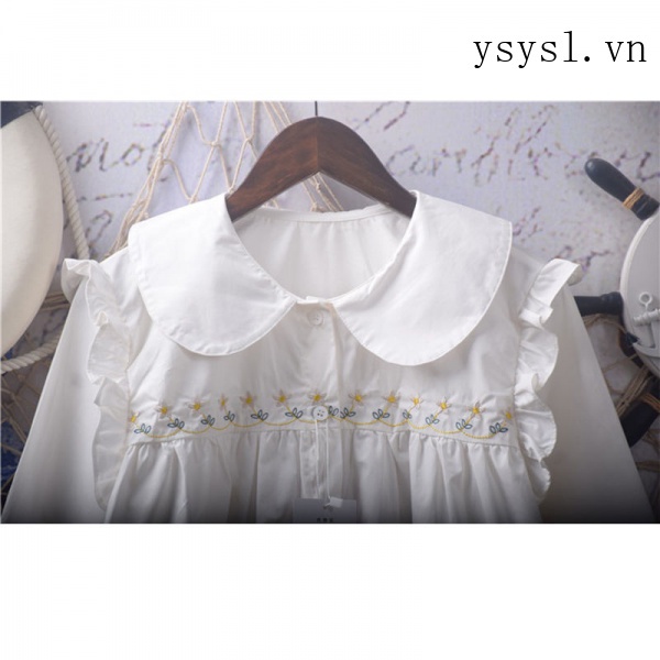 Áo Sơ Mi Trắng Dáng Rộng Cổ Búp Bê Thêu Họa Tiết Hoa Lá Phong Cách Nhật Bản Chất Liệu Mềm Mại Cho Nữ