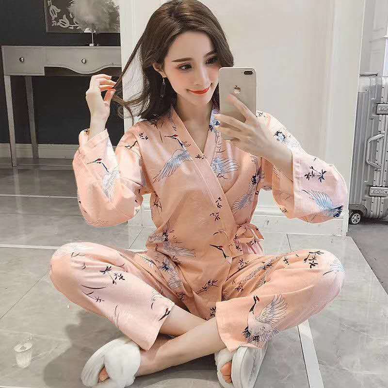 Bộ đồ ngủ kimono tay dài dáng rộng in họa tiết hoạt hình phong cách Hàn Quốc thời trang thu đông cho nữ
