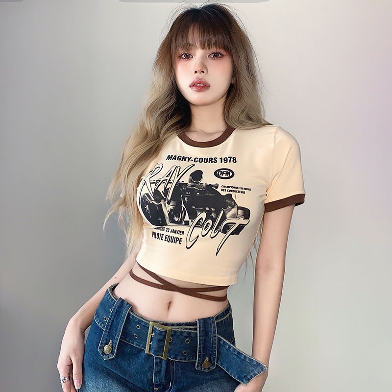 Wittygirls_shop | Áo Thun Cổ Tròn Hở Rốn In Họa Tiết Thời Trang Mùa Hè Quyến Rũ Cho Nữ
