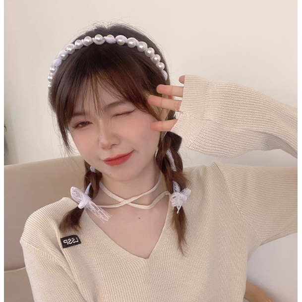 Băng Đô Ngọc Trai Nhựa Phối Ren Tiệm Thêu Việt
