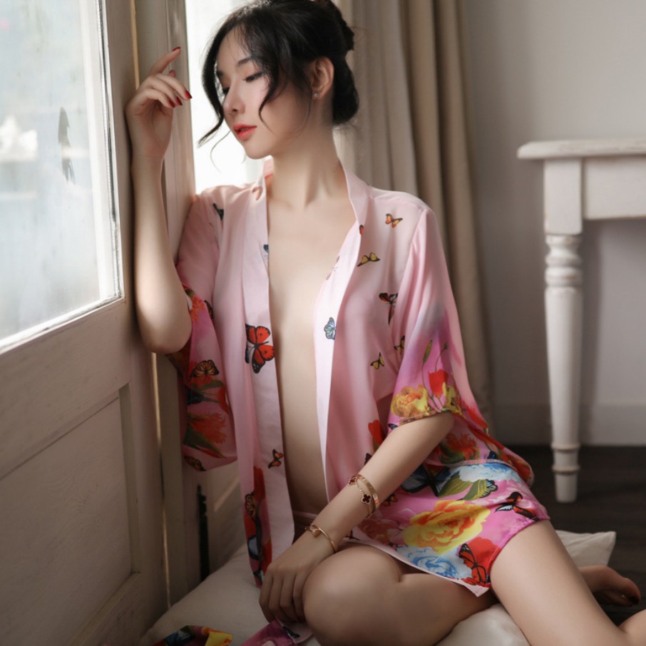 [Che tên] Áo choàng tắm Pyjama voan hoa ngắn tay gợi cảm