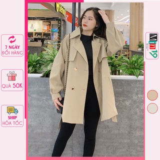 Áo măng tô nữ Hàn Quốc dáng dài kèm đai 2 lớp form rộng bigsize túi nắp cá tính màu be sữa thời trang