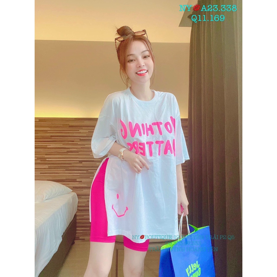 Set bộ nữ có áo thun thêu chữ không gì hết mặt cười xẻ tà kèm quần ngố 2 màu siêu xinh cho cô nàng năng động na