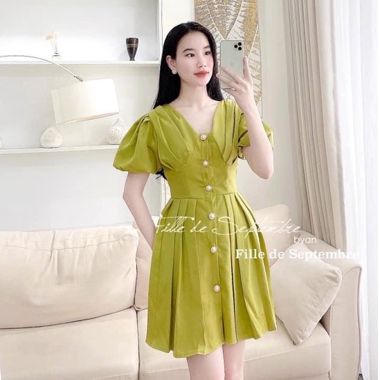 Váy dự tiệc sang chảnh cúc ngọc tay bồng dáng xòe TH387