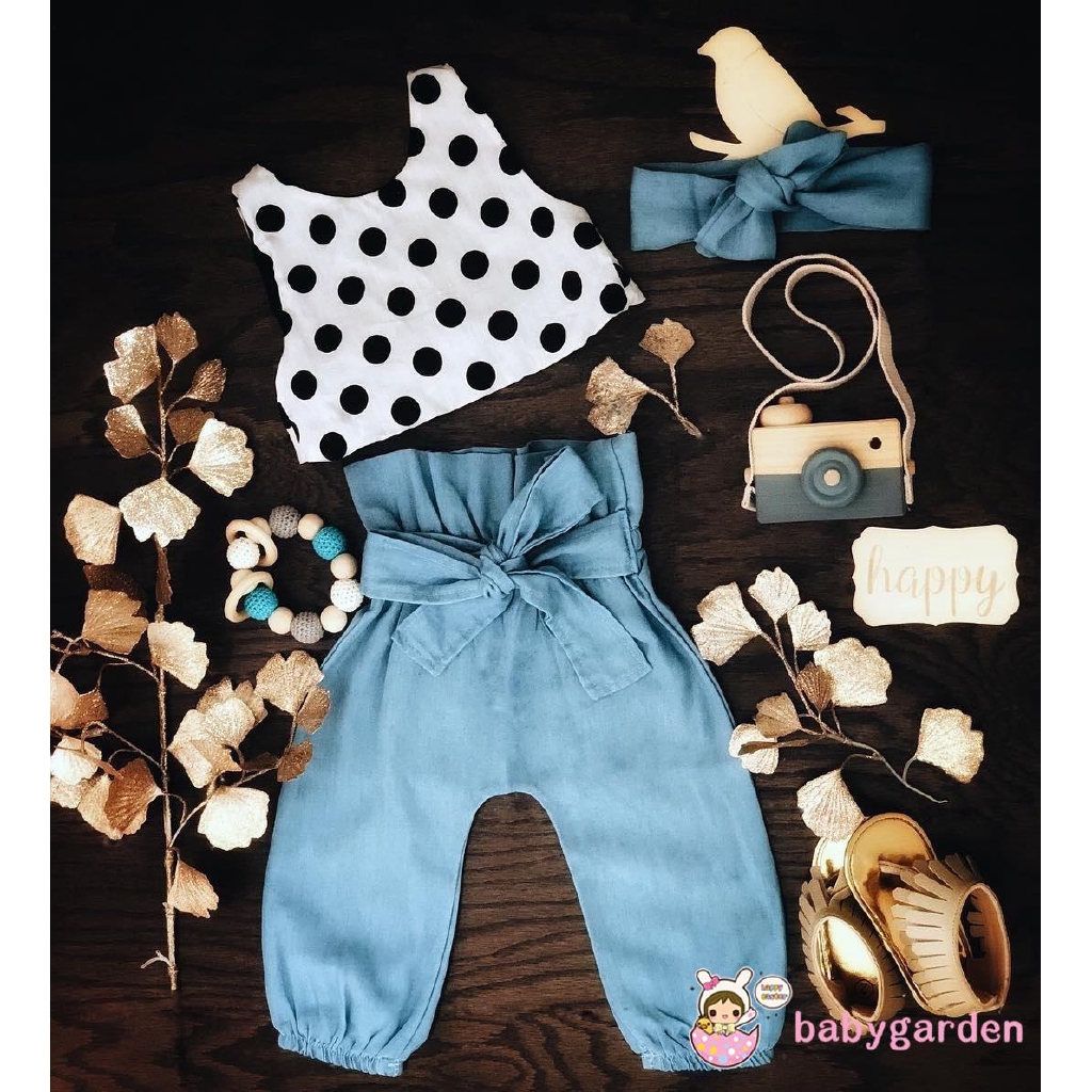 Bộ áo ba lỗ họa tiết chấm bi kèm quần dài và băng đô thắt nơ dễ thương cho bé gái