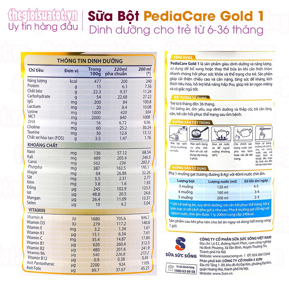 Sữa PediaCare Gold 1 (900g) - Sữa dinh dưỡng cao năng lượng