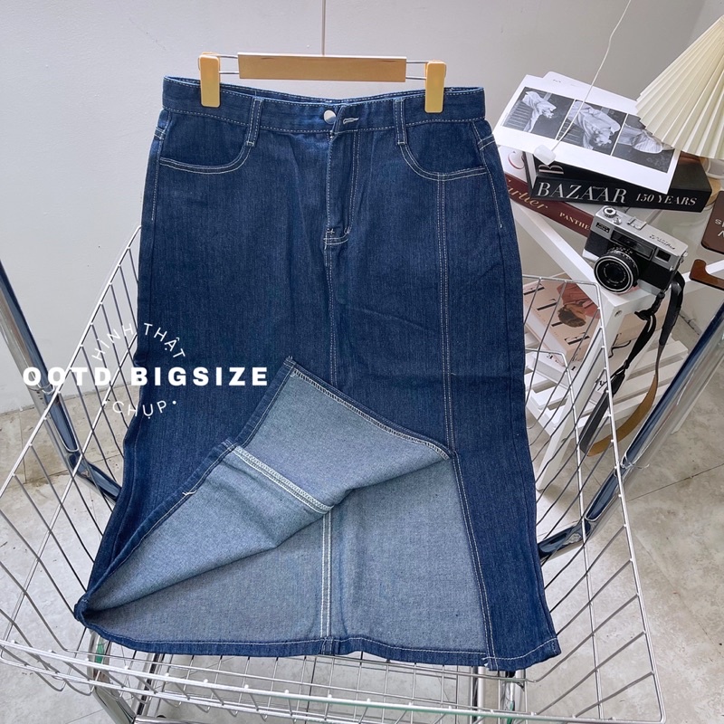 Chân váy jean bigsize dáng midi xẻ