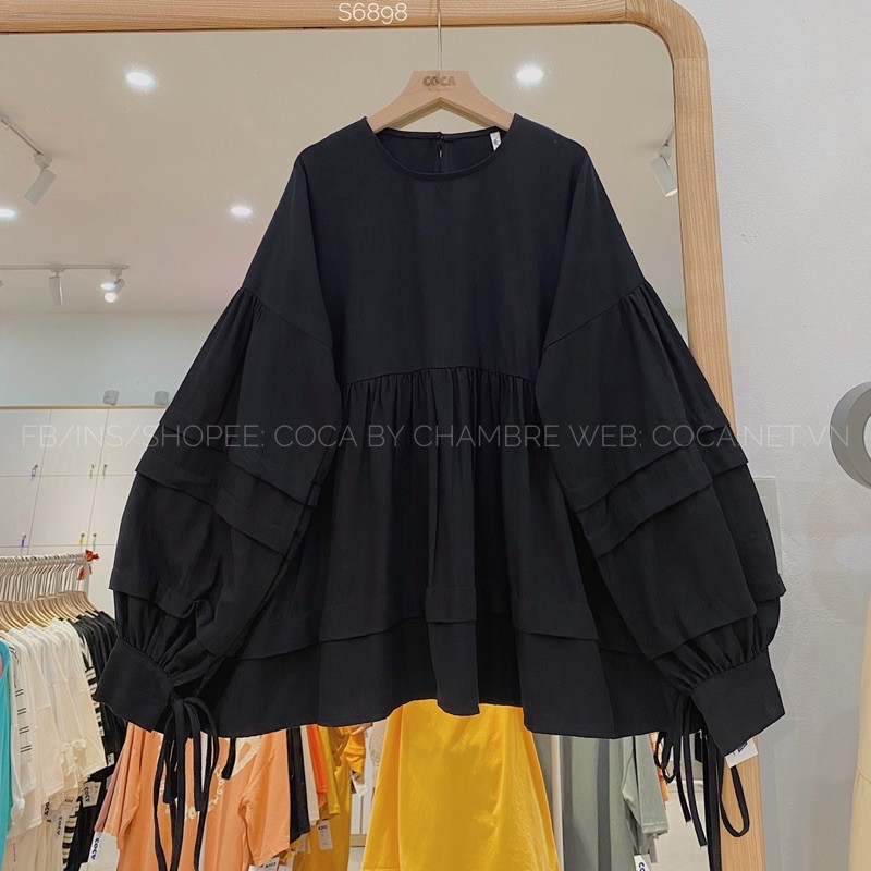 [S6898] Áo sơ mi BABYDOLL tay bồng cột nơ xếp ly tầng (Có sẵn/ảnh thật)