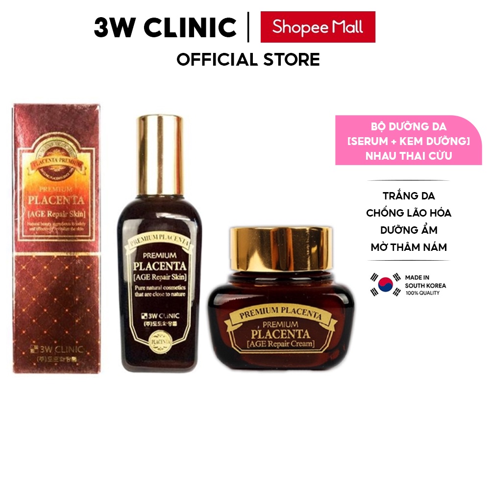 Bộ Skincare chống lão hóa 3W Clinic Hàn Quốc tinh chất Nhau Thai Cừu giúp da trắng sáng mềm mịn [Serum+Kem Dưỡng]