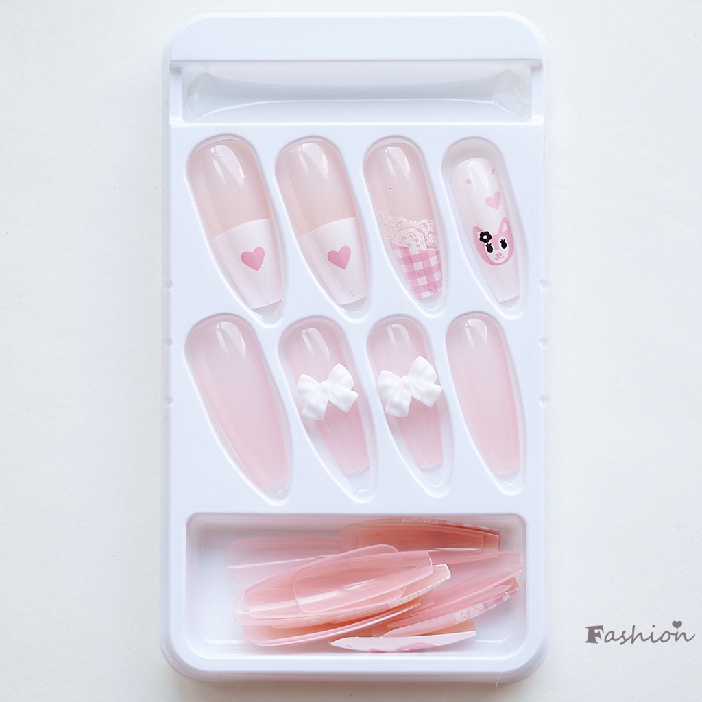 Bộ 24 Móng Tay Giả Đầu Nhọn Dài Đính Nơ &amp; Trái Tim