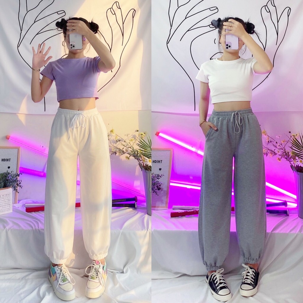 Set Bộ Áo Croptop Body Kèm Quần Jogger Trơn Bo Lai Dáng Rộng - MM