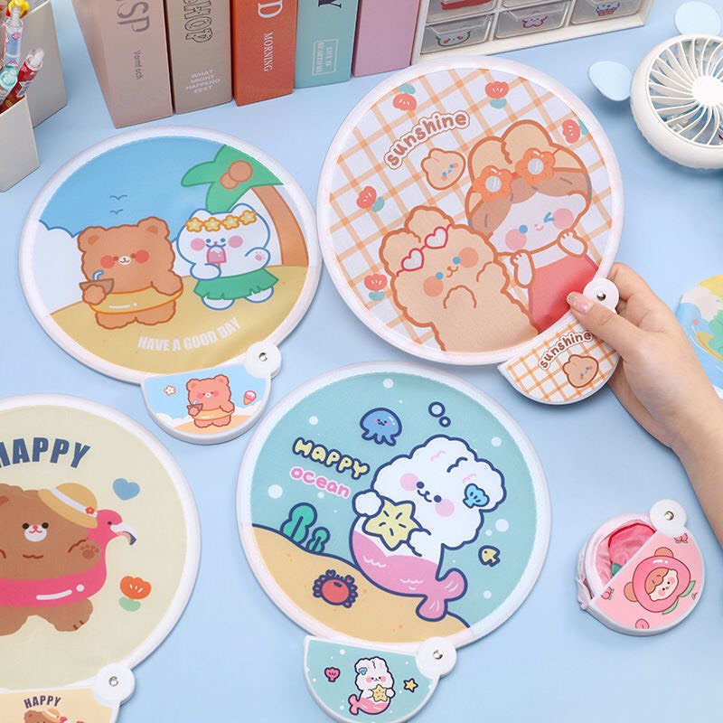 Quạt Mini Gấp Gọn Tự Bung Du Lịch Tiện Lợi Hoạt Hình Chú Gấu Đáng Yêu