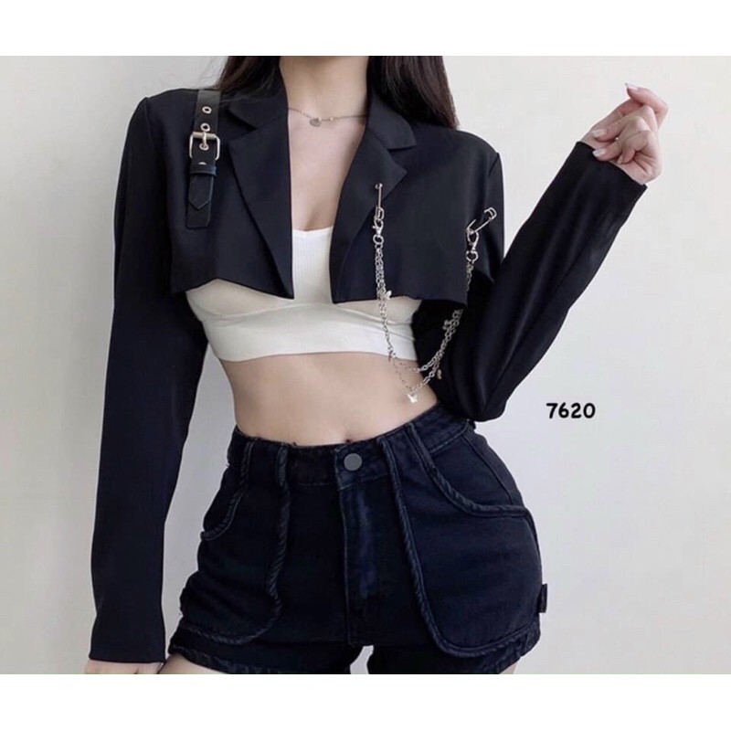 Áo khoác croptop cổ vest phối dây xích- hình thật sàn