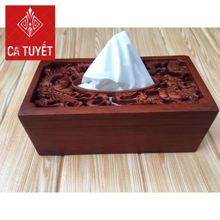 [FREESHIP] [TRẠM KHẮC TINH XẢO] Hộp đựng khăn giấy bằng gỗ hương long phụng sum vầy