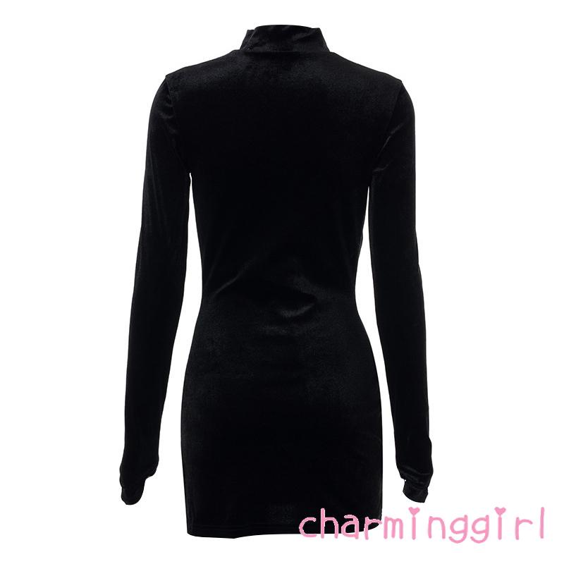 Đầm nhung tay dài cổ cao dáng ôm thời trang cho nữ