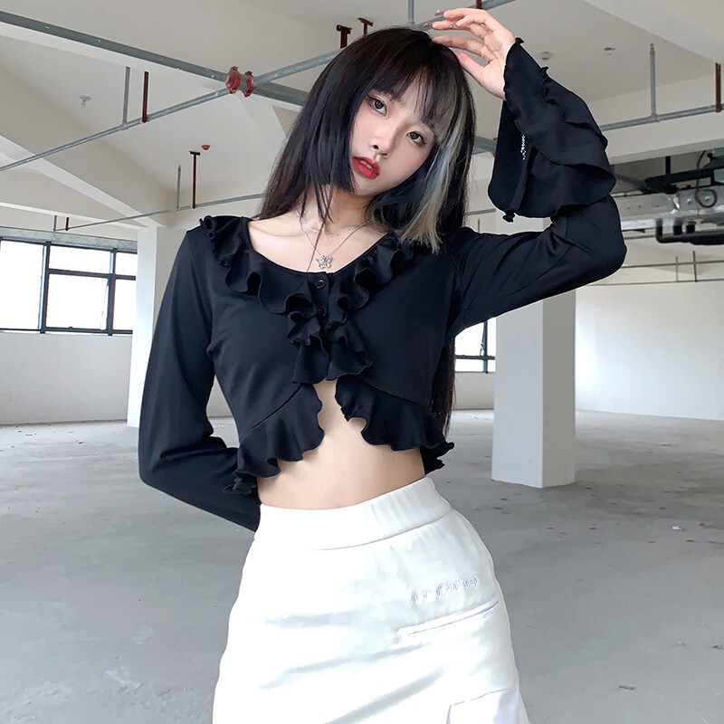 Kliou 2023 Mới vào mùa hè Áo Crop Top Tay Dài Loe Cổ Chữ V Phối Bèo Phong Cách Pháp Thanh Lịch Thời Trang 2022 M 'V O M A H