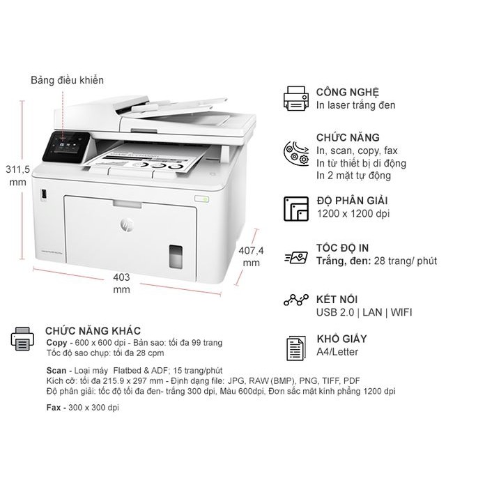 Máy in HP đa năng LaserJet Pro MFP M227fdw (In/Scan/Copy/Fax/Wifi), 1Y WTY _G3Q75A