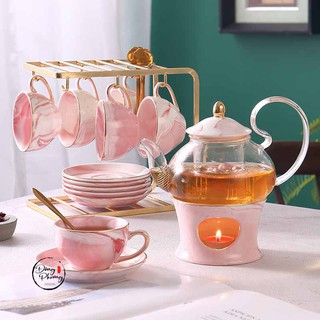 Set Ấm Trà Gốm Sứ Xương - Bộ Ấm Chén Vân Đá Xám - Hồng Cao Cấp Siêu Đẹp