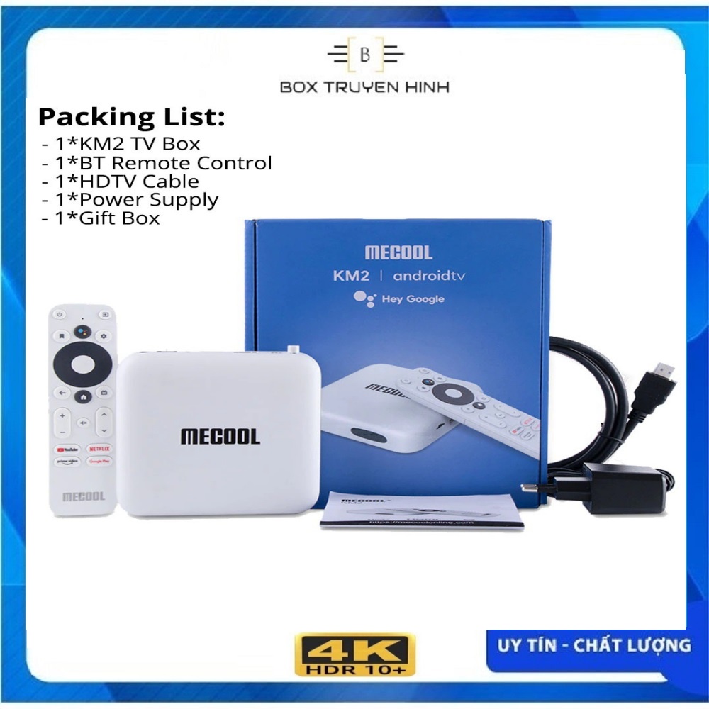 Android Box Mecool KM2, CPU S905X2-B, DDR4 2GB, eMMC 8GB, Android TV 10 chính chủ Google, remote voice theo box
