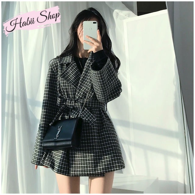Áo khoác dạ nữ Hàn Quốc dáng ngắn - Áo dạ kẻ caro nữ HABII AD02 | BigBuy360 - bigbuy360.vn