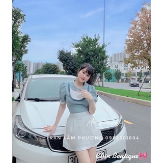 Set áo xanh đính cúc ngọc và chân váy trắng tacta cực xinh
