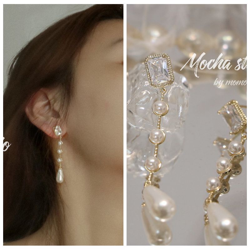 (MớI) Bông Tai HìNh Tim ĐíNh NgọC Trai Giả Xinh XắN