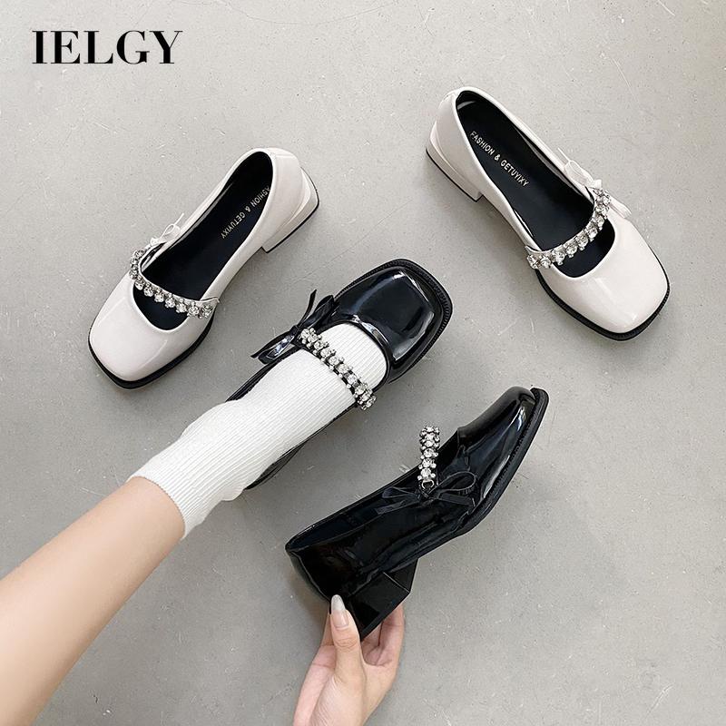 Giày cao gót IELGY mũi vuông bằng da đính nơ phong cách thời trang dành cho nữ