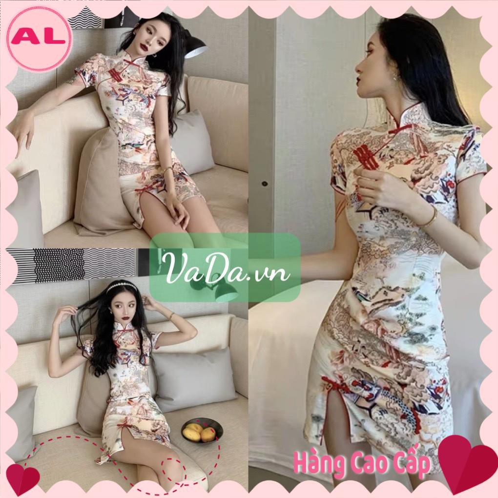 Đầm sườn xám in họa tiết 3D cá tính hàng cao cấp phù hợp đi dự tiệc, đi chơi tết dao phố, cà phê - Đ61