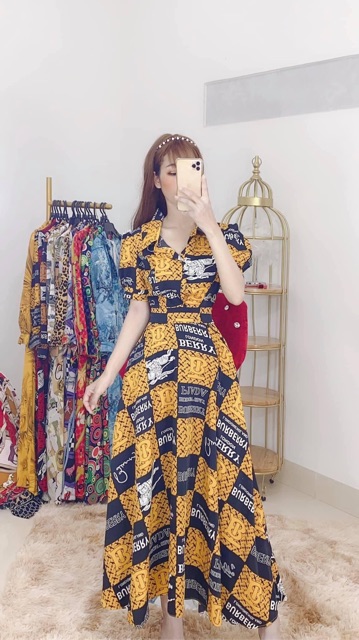 Đầm maxi cổ sơ mi hoạ tiết tay bông | BigBuy360 - bigbuy360.vn