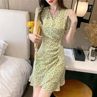 Đầm Hoa Tay Phồng Cổ Chữ v Lưng Cao Thời Trang Hàn Quốc 2022