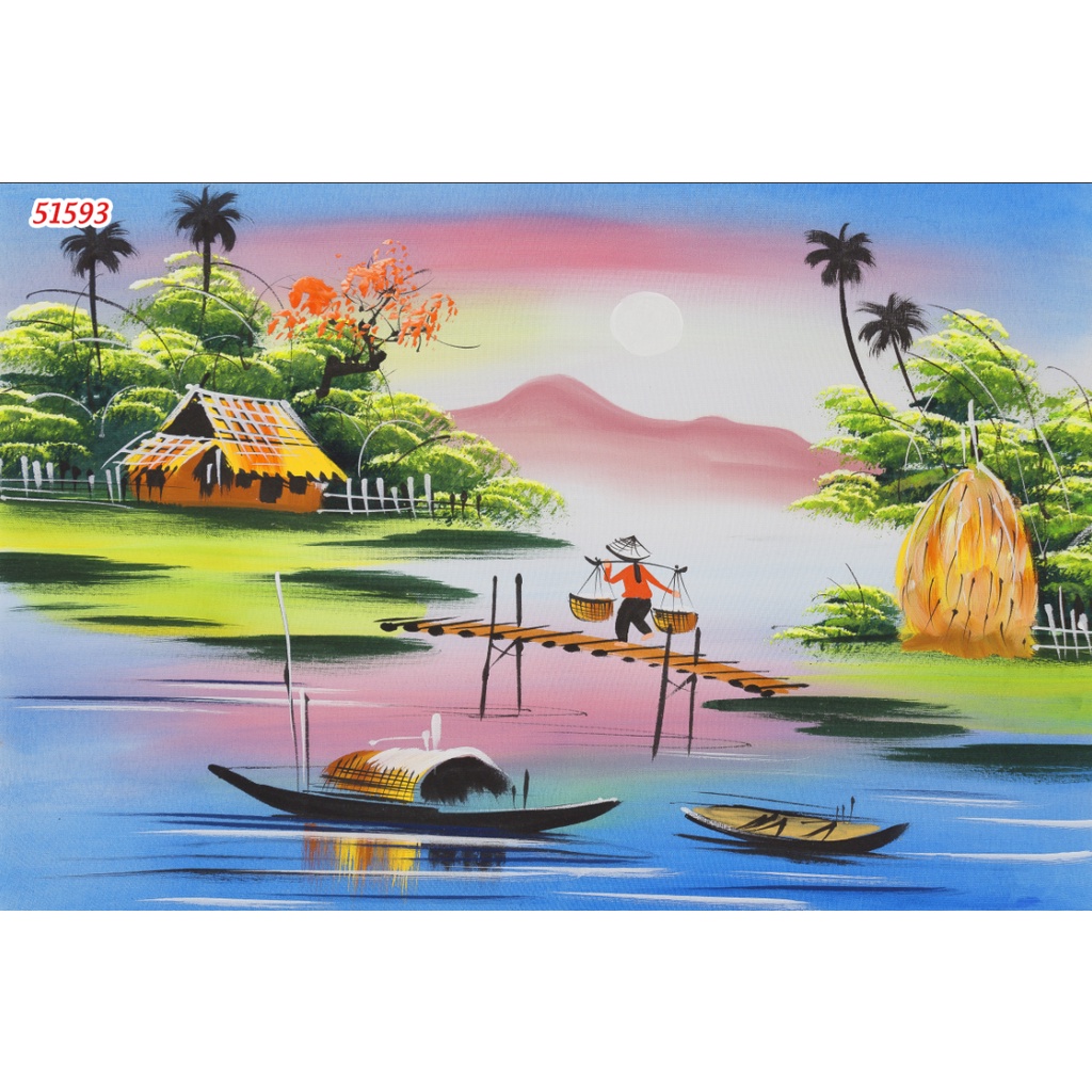 Tranh Dán Tường 3D Đồng Quê Cầu Tre Xuối Nước Xanh Biếc, Lũy tre làng, ao làng, dòng suối nhỏ