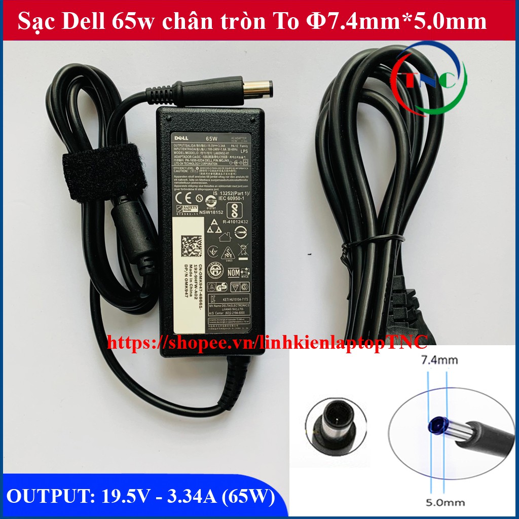 SẠC LAPTOP DELL 19.5V-3.34A (65w) Chân Kim To Φ7.4 *5.0mm - Kèm Dây Nguồn