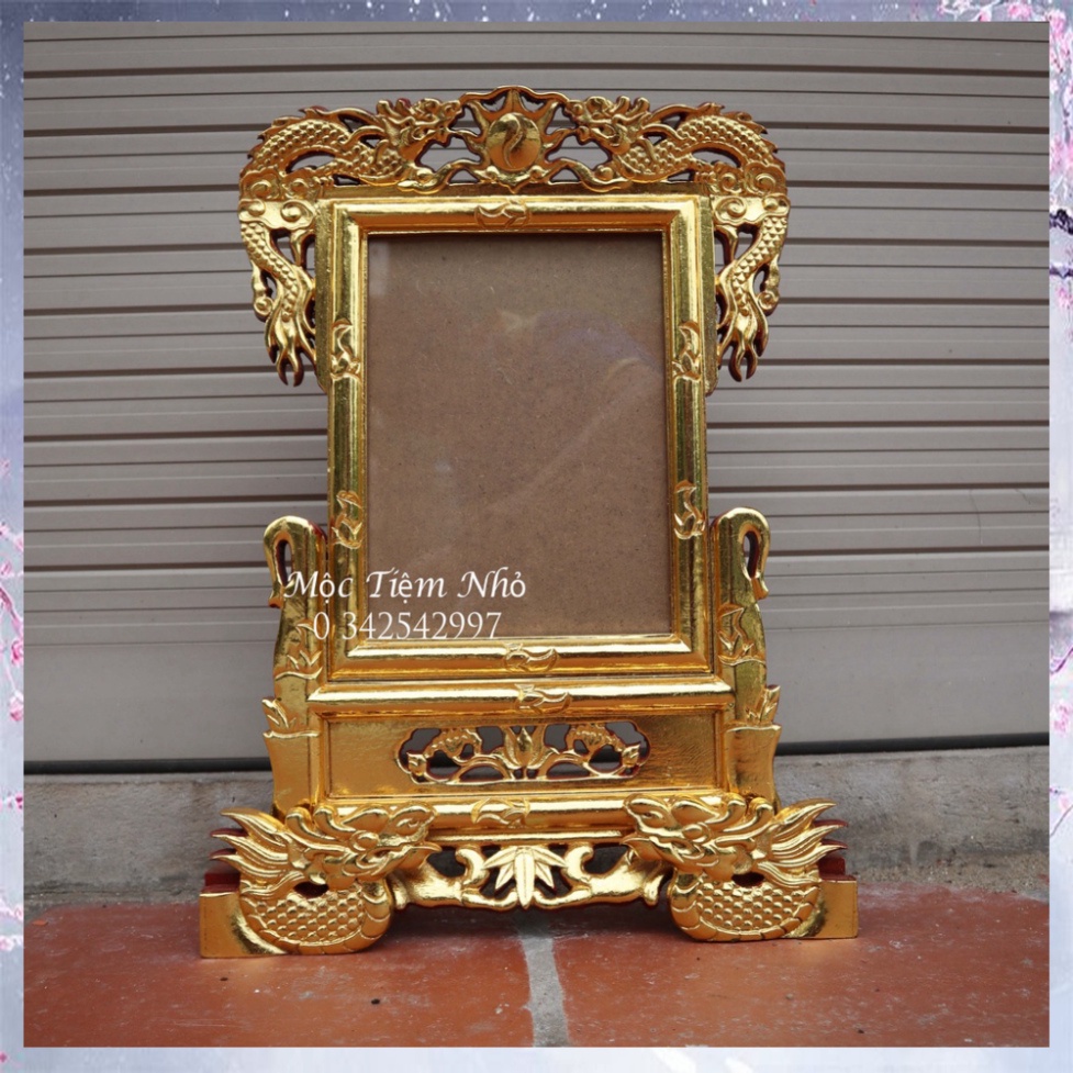 Khung hình thờ 1 ảnh thờ kiểu rồng gỗ hương rát vàng 21x31
