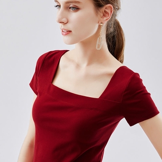 Áo Thun Tay Ngắn 95% Cotton Cổ Vuông Gợi Cảm Cho Nữ