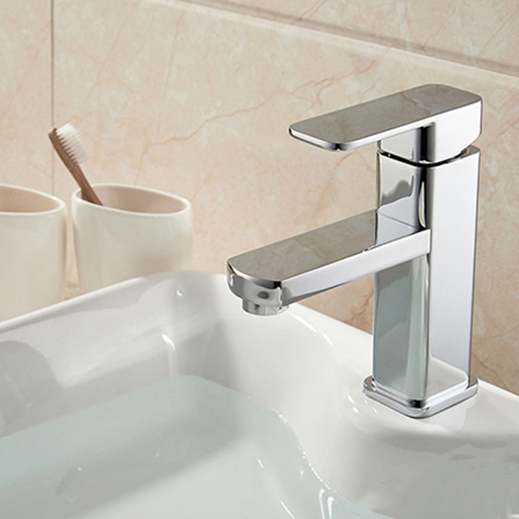 Vòi Lavabo, vòi bồn rửa mặt thiết kế thân Vuông 2 đường nước nóng lạnh chất liệu inox Bóng + Tặng kèm 2 dây nóng lạnh