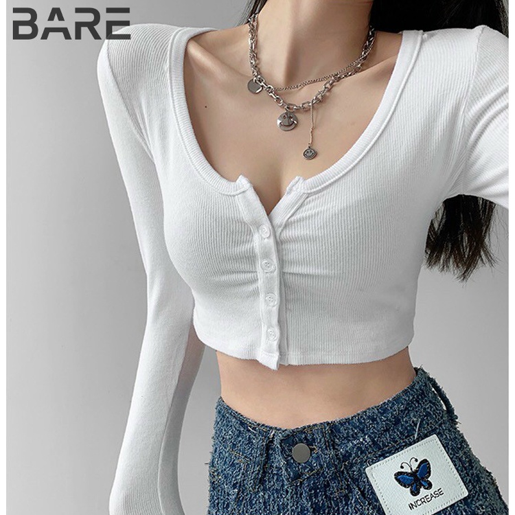 Áo croptop nữ tay dài - áo thun croptop ôm phối nút cá tính chất thun gân dày đẹp - AO104