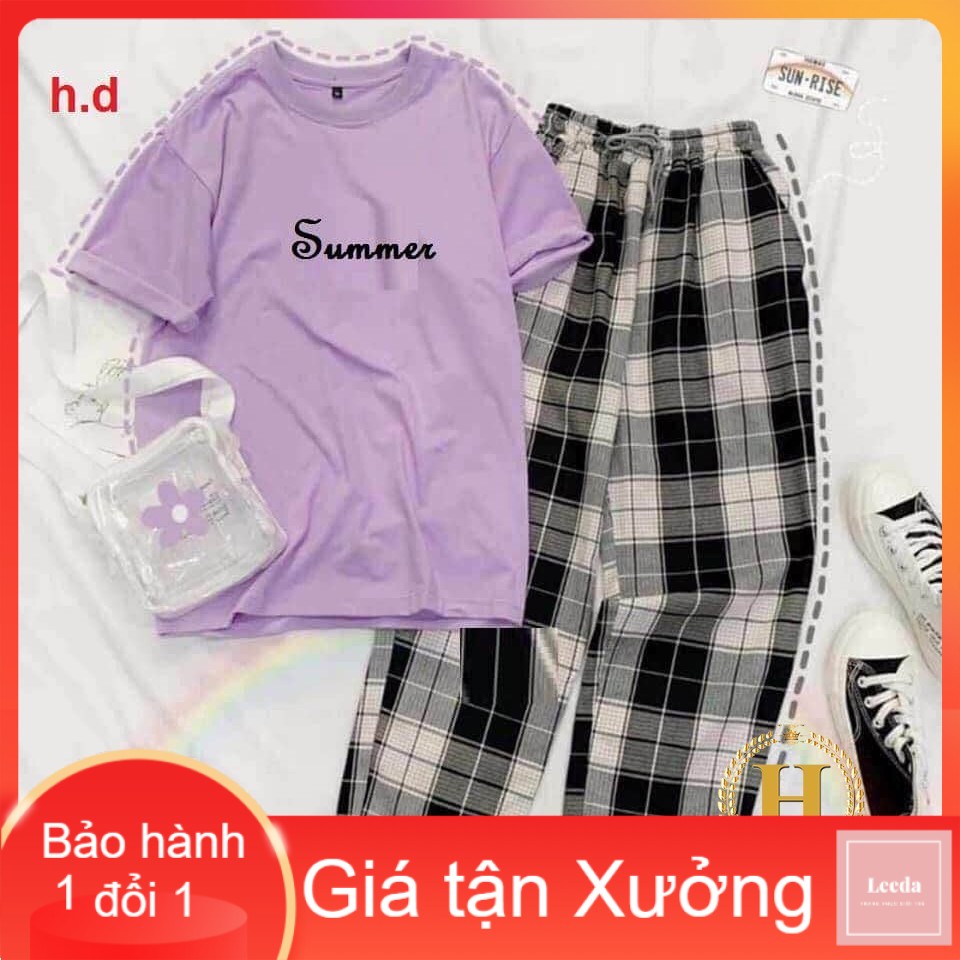 Sét áo Sumer + quần kẻ DHA0720, áo thun nam nữ, quần kaki, quần nữ, sét bộ mặc ở nhà MODY