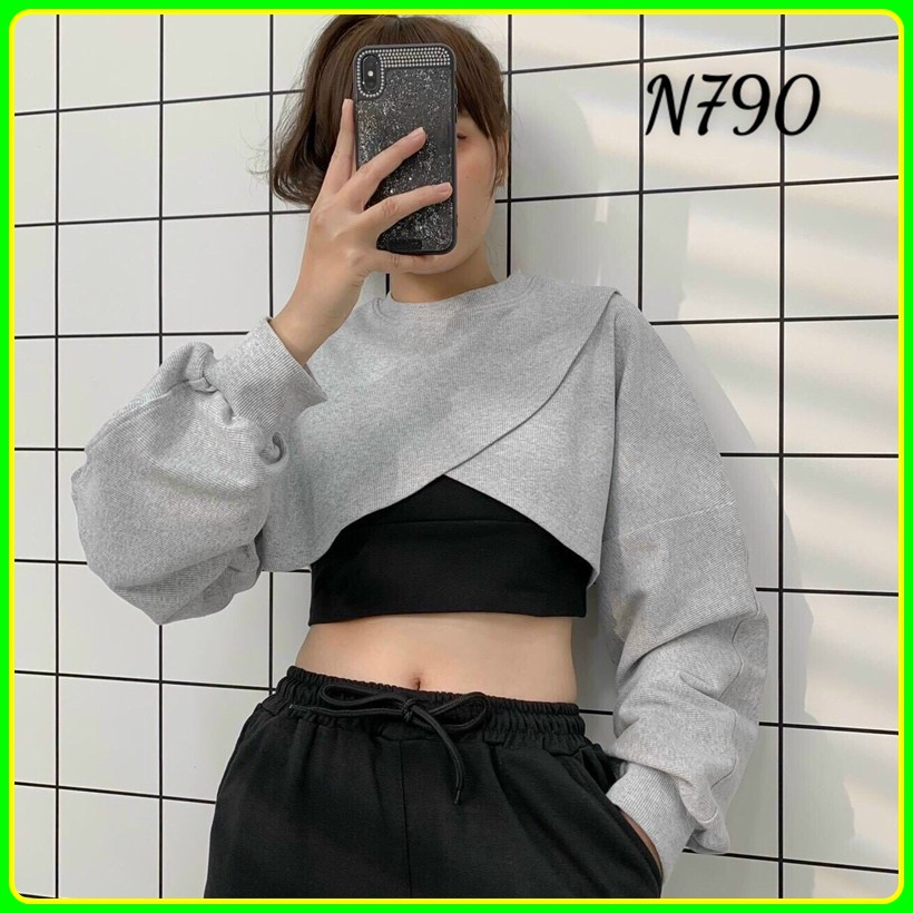 Áo Croptop Tay Dài Đắp Chéo UZZang Siêu Đẹp Tặng Kèm Áo Bra Cực Ngầu Giá Rẻ