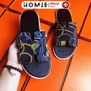 Dép HM Nam hoa văn đen 2021 dép quai da đế cao su khâu viền chắc chắn